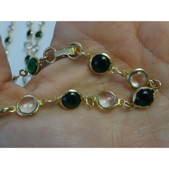 Vtg Glass Dome Crystal BEADS Gold Edged GREEN CLEAR Long Necklace & Bracelet JA - Picture 2 of 6